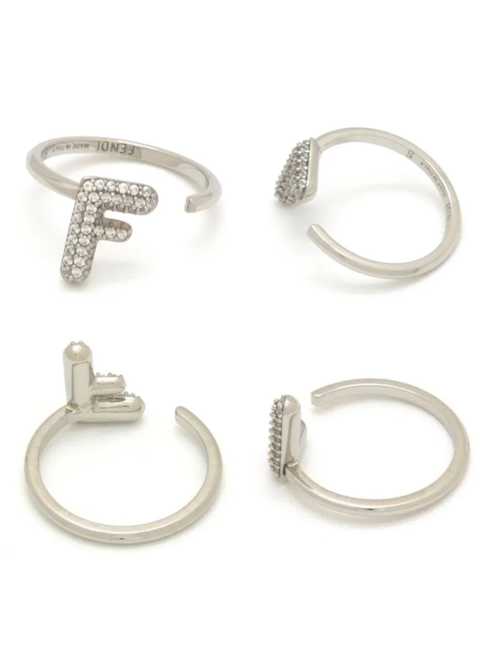 Fendi FF Logo Ring Set S Gold Silver Polished Metal Crystal